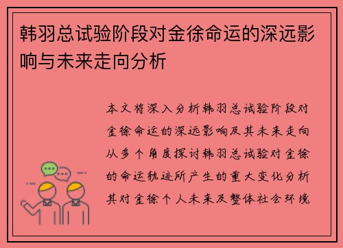 韩羽总试验阶段对金徐命运的深远影响与未来走向分析