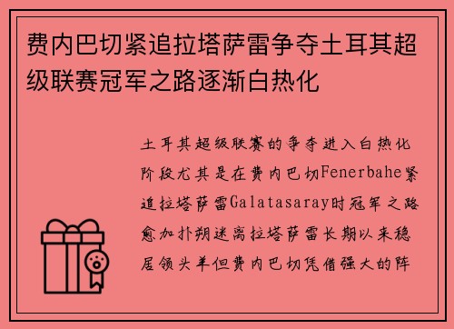 费内巴切紧追拉塔萨雷争夺土耳其超级联赛冠军之路逐渐白热化 费内巴切紧追拉塔萨雷争夺土耳其超级联赛冠军之路逐渐白热化