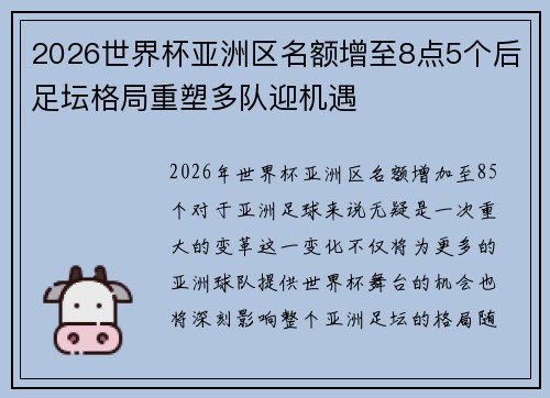 2026世界杯亚洲区名额增至8点5个后足坛格局重塑多队迎机遇 2026世界杯亚洲区名额增至8点5个后足坛格局重塑多队迎机遇