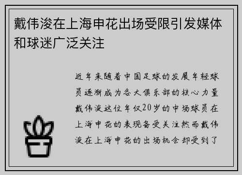 戴伟浚在上海申花出场受限引发媒体和球迷广泛关注