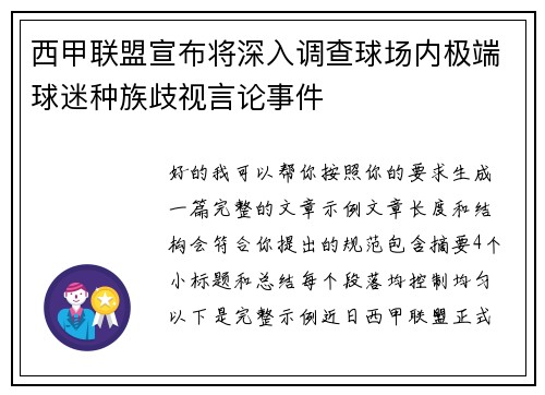 西甲联盟宣布将深入调查球场内极端球迷种族歧视言论事件